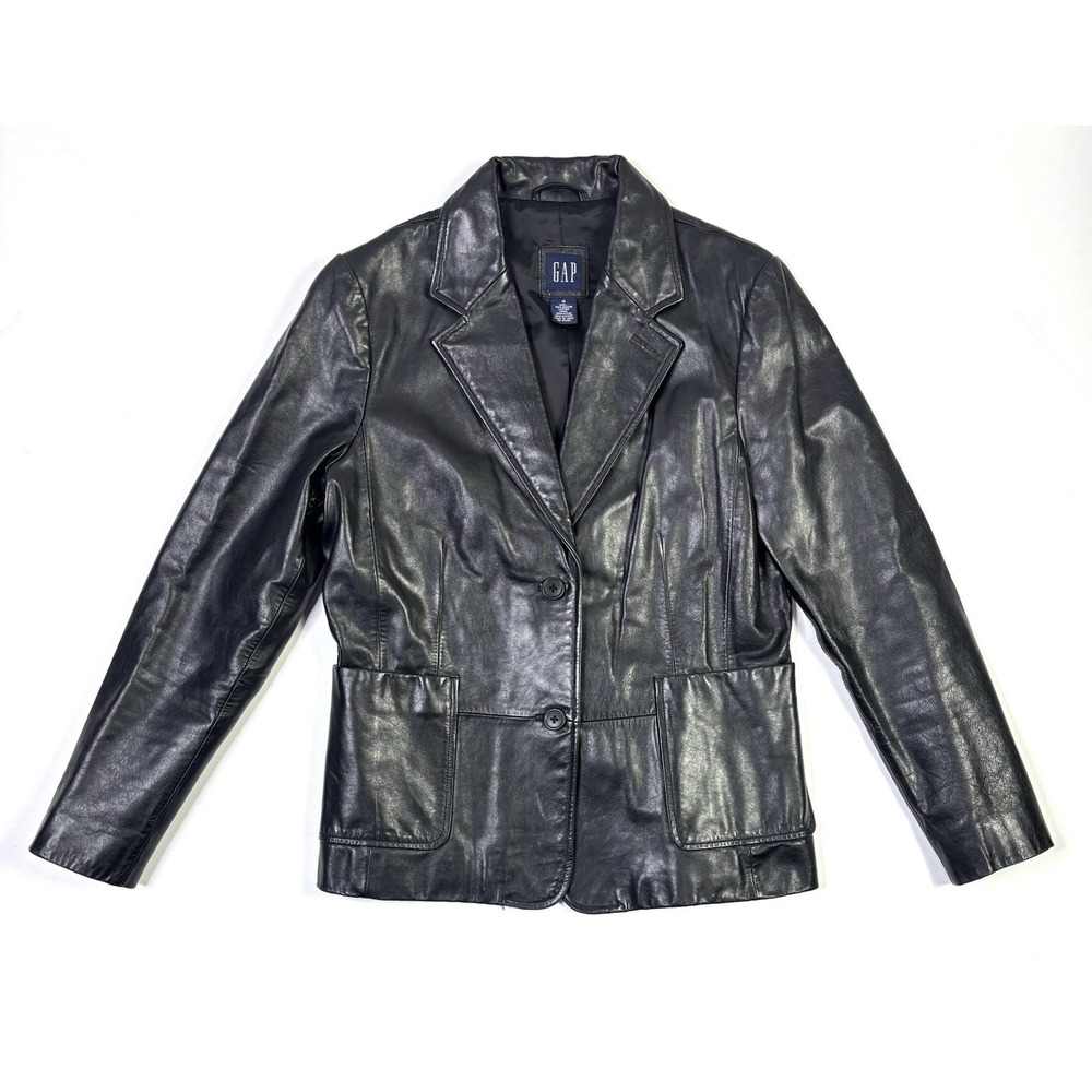 GAP Black Leather Jacket Women's 8 Genuine Leather Blazer Black Button